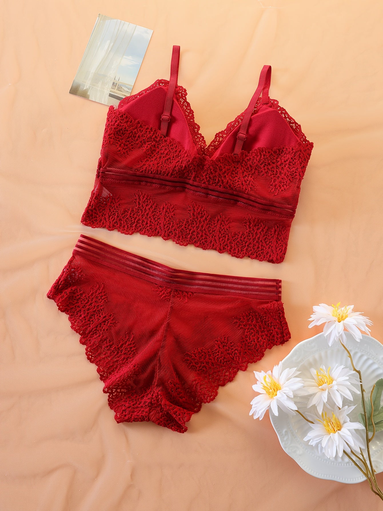 Women's Lace Push Up Bra and Mesh Panties Set with 3 Pieces