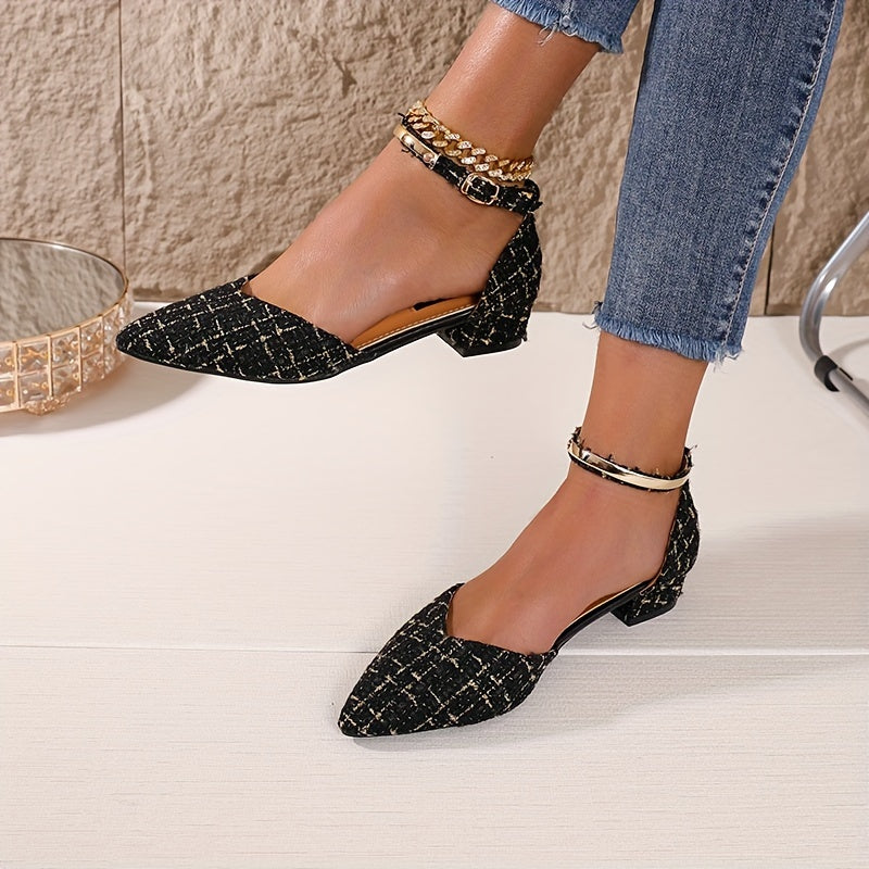 Women's Sandals Woolen Block Heel Ankle Strap Point Toe Dress Shoes