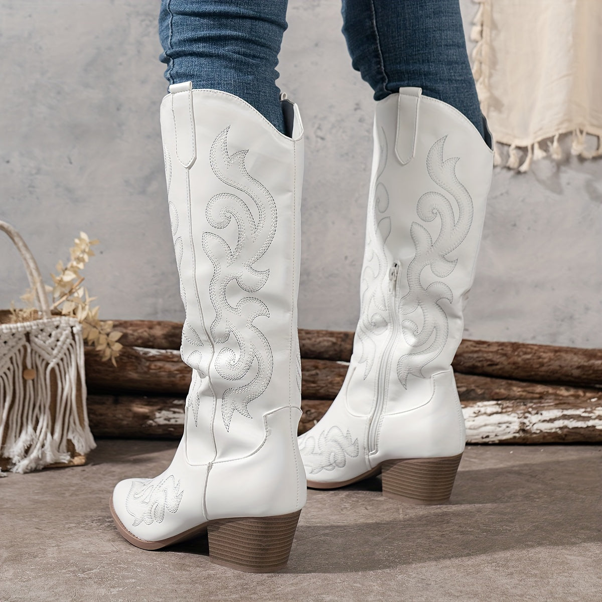 Women's Slip-On Western Cowboy Boots Light Color For Festivals Travel