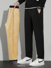 Men's Winter Fleece-Lined Casual Pants Solid Polyester Regular Fit Zipper Details