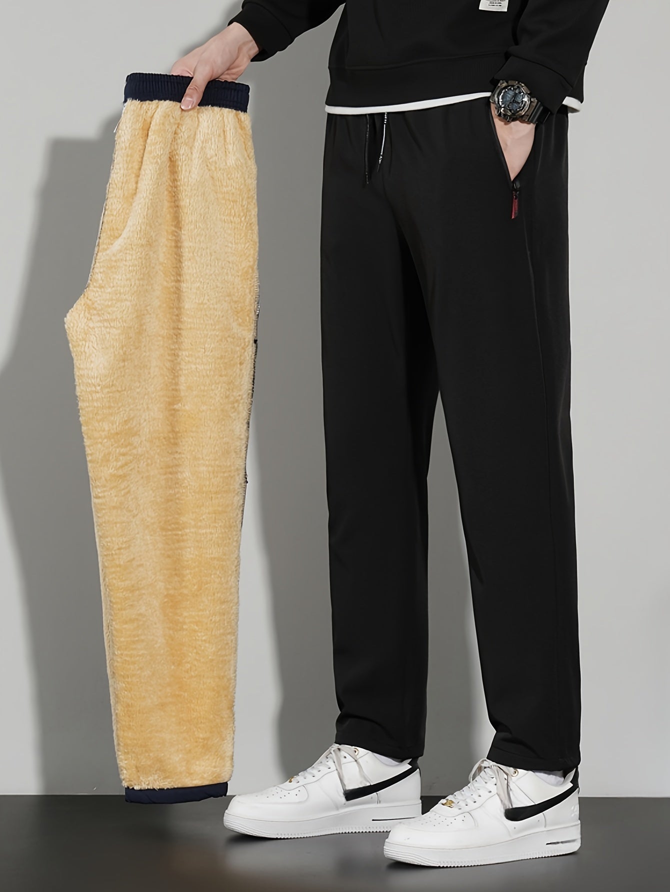 Men's Winter Fleece-Lined Casual Pants Solid Polyester Regular Fit Zipper Details