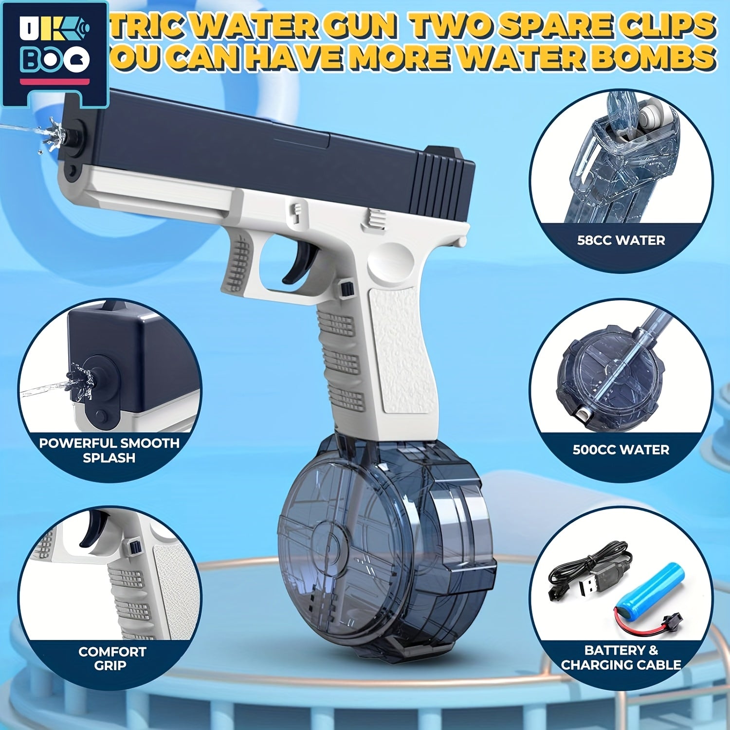 UKBOO elektr suv quroli ko'k va oq rangda, 500mAh lityum batareya bilan qayta zaryadlanadigan. Yozgi basseyn va plyaj partiyalari, shuningdek, kattalar yig'ilishlari uchun mukammal. Qiziqarli va yoqimli suv quroli o'yinchoq.