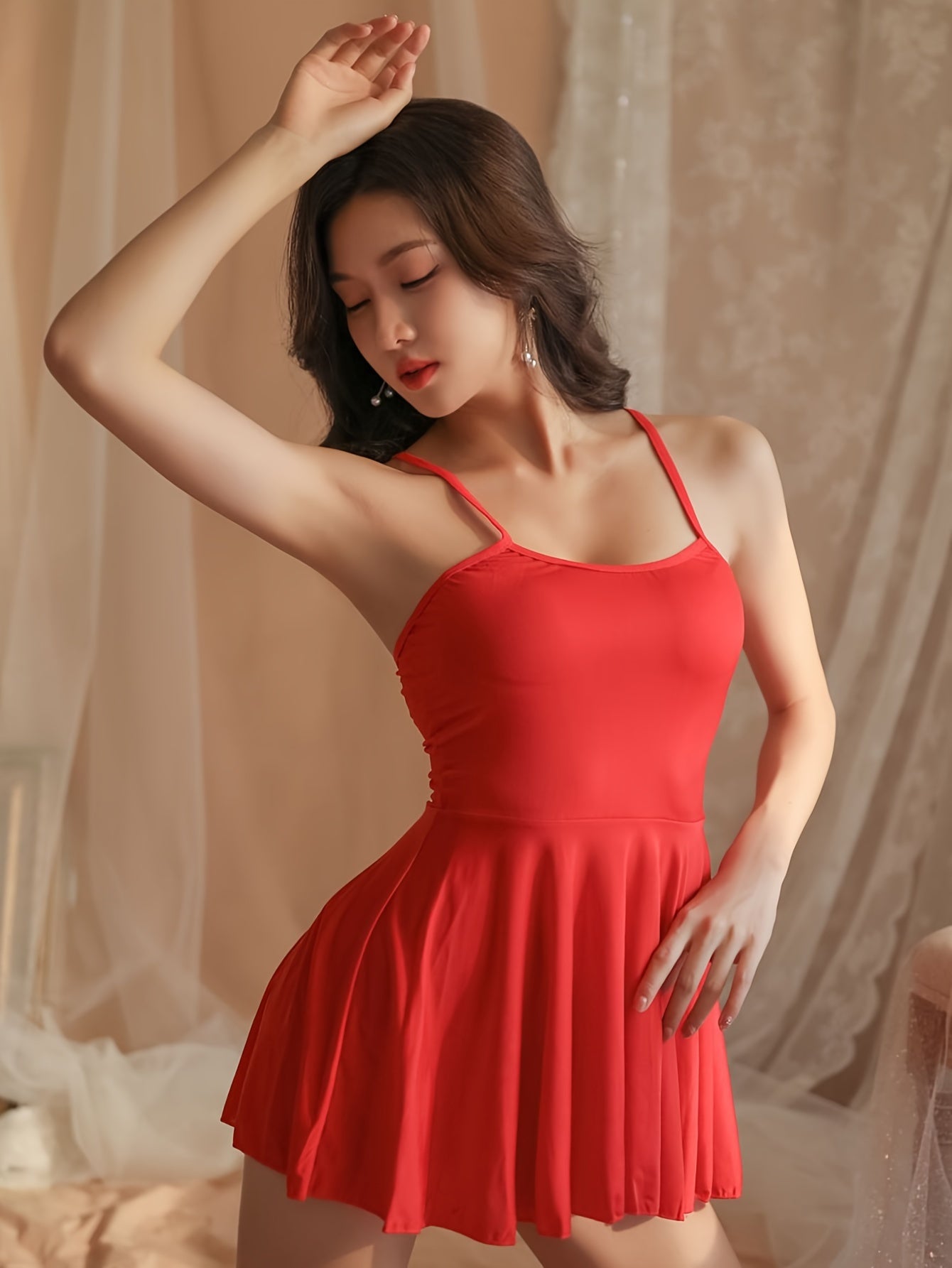 Women's Red Slip Dress with Backless Design and Semi-Sheer Polyester Knit