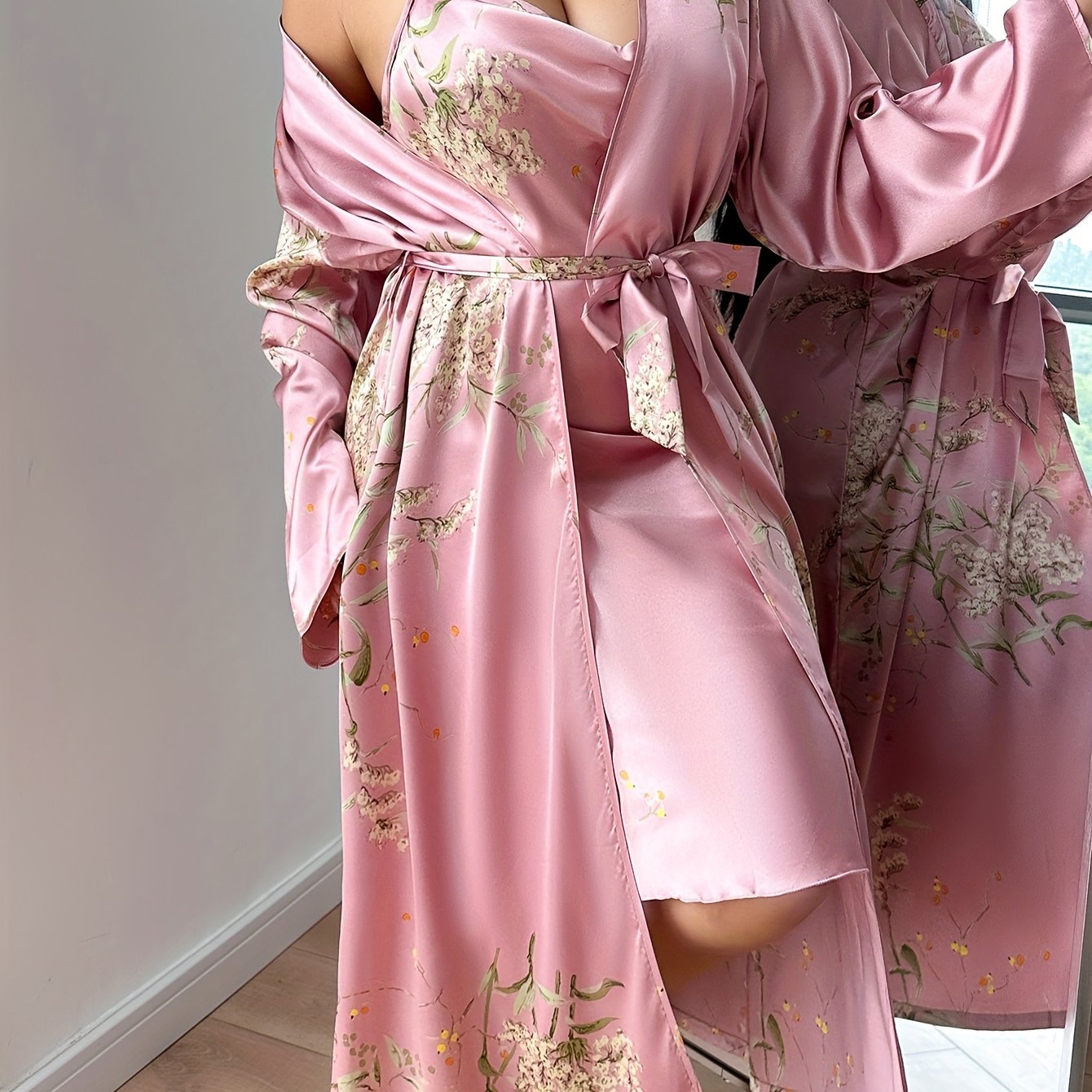 Women Plus Size V-Neck Tie Front Long Robe Floral Print Polyester Lounge Sleepwear