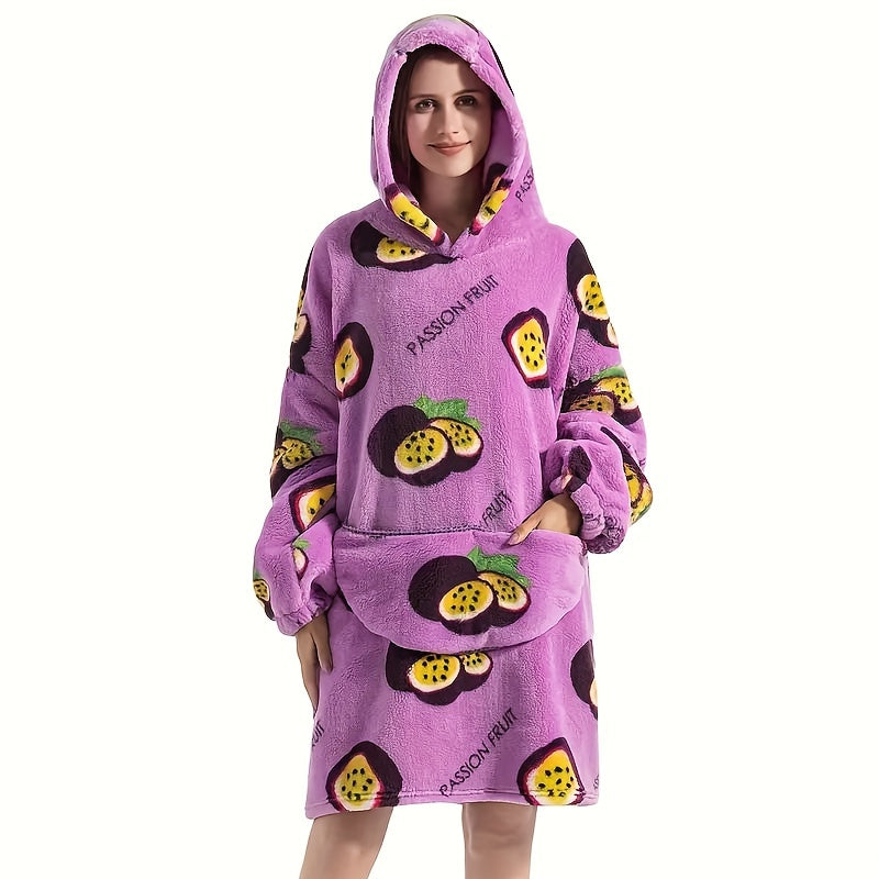 Hooded Fleece Blanket Robe for Adults Cozy Wearable Lounge Wrap