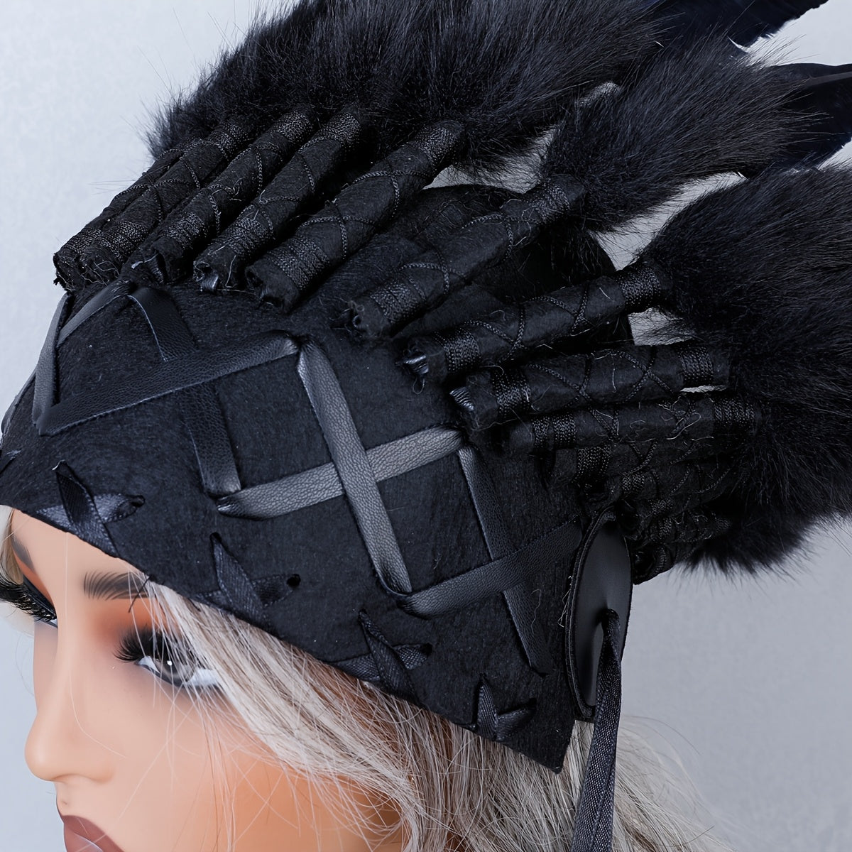 Black Faux Feather Indian Hat with Vintage-Inspired Design for Halloween and Carnival