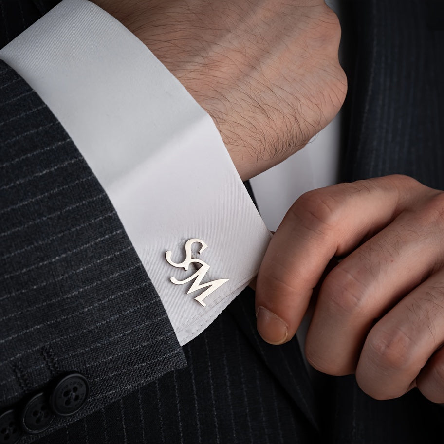 Men's Stainless Steel Custom Initial Cufflinks White and Golden Letter Sleeve Buckles