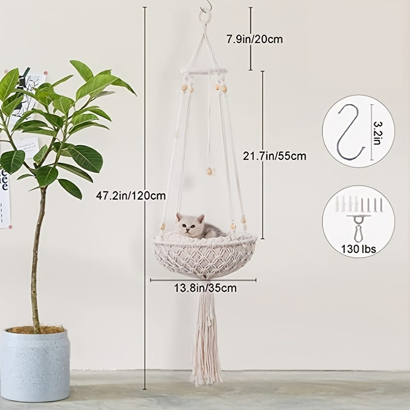 Handwoven Hanging Cat Hammock Boho Macrame Bed with Cushions and Hook Set