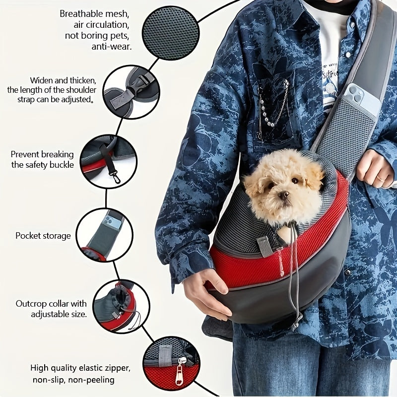 Portador de perro tipo bandolera con cremallera y malla transpirable para mascotas pequeñas, ideal para viajes al aire libre