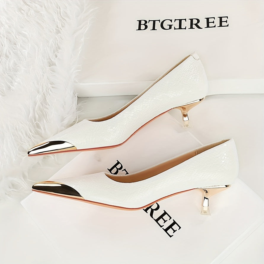 Women's Mid-Heel Pumps with Metallic Toe and Sequin Snake Pattern