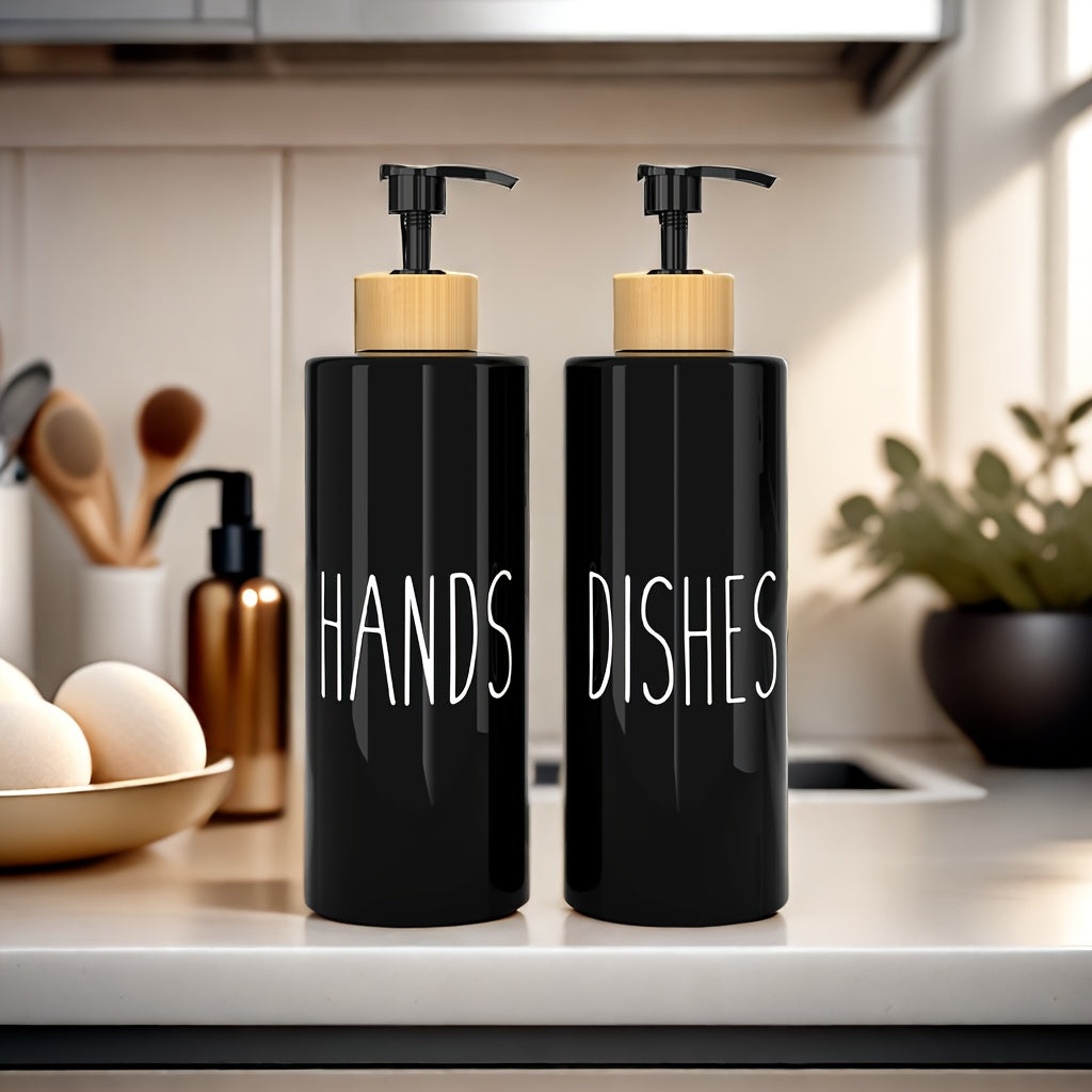 Set of 2 Refillable Soap Dispensers with 16.91oz PET Plastic Bottles and Wooden Tray