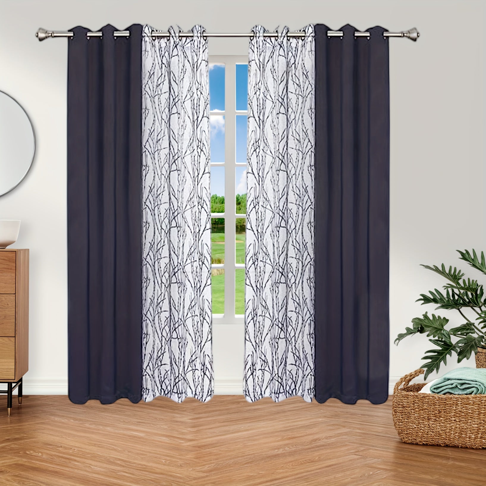 Set of 2 Bedroom Living Room Curtains Blackout Sheer Grommet 54x84 Dark Gray