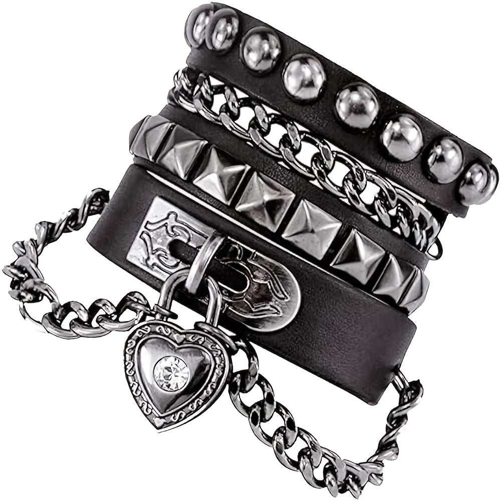 PU Leather Chain Bracelet with Heart Punk Goth Wristband for Men Women