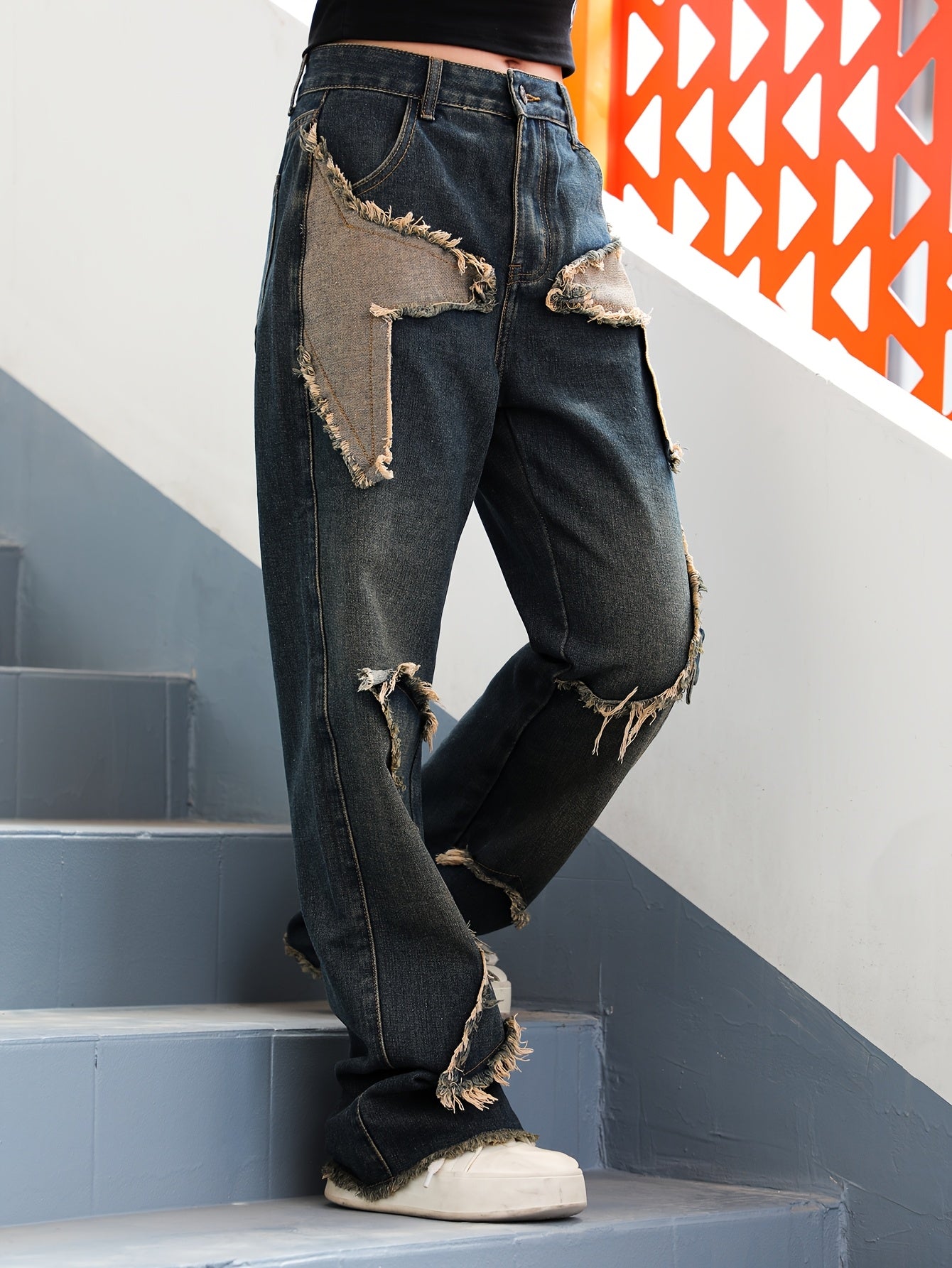 Ayollar uchun katta o'lchamli yuqori qavatli denim shimlar, yumshoq kengaytiriladigan rangli blokli kontrast panellar