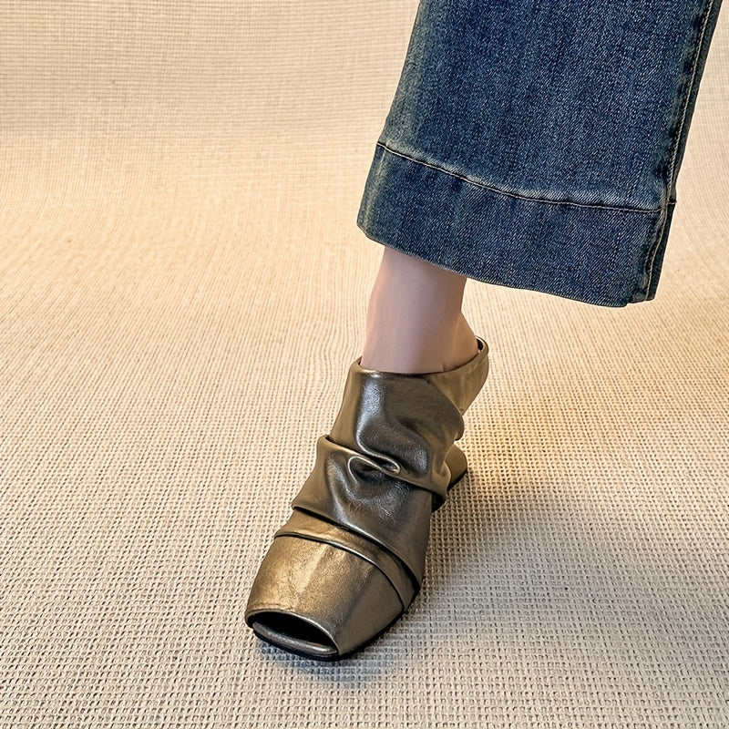 Women's Square Toe Mule Shoes Synthetic Slip-On Loafers Chunky Heel Brown