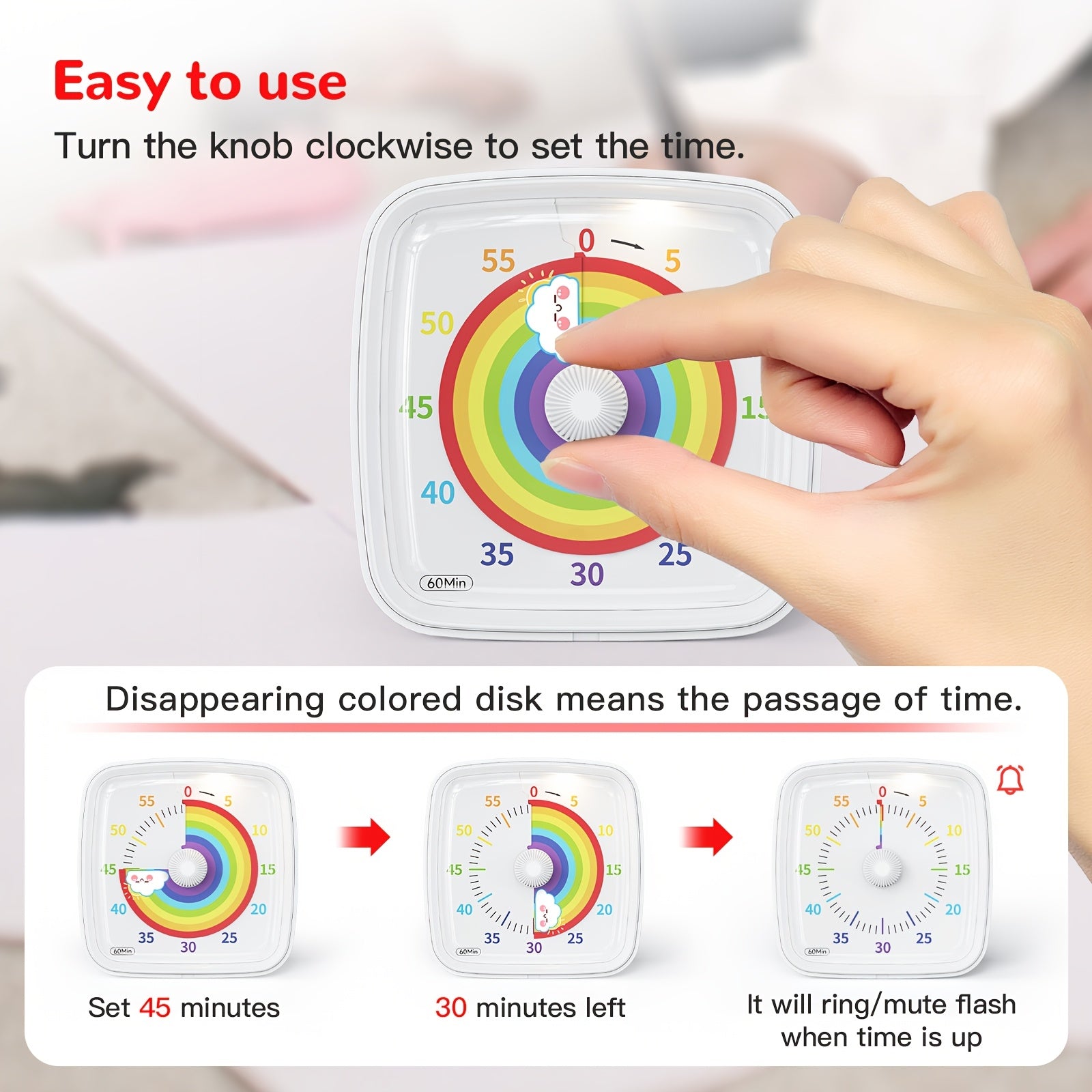 60-Minute Visual Countdown Timer with Night Light, Rainbow White Plastic