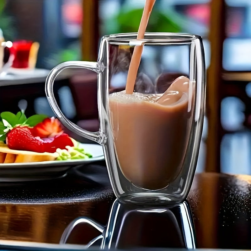 Ikki devorli yuqori borosilikat shisha chashka - Choy, Qahva, Sut va Sharbati uchun mukammal | Uy yoki ofis uchun ajoyib sovg'a | Qulay tutqichi bo'lgan mustahkam ichimlik idishlari, 1 dona to'plami | Issiqlikka chidamli ergonomik tutqichli chashka