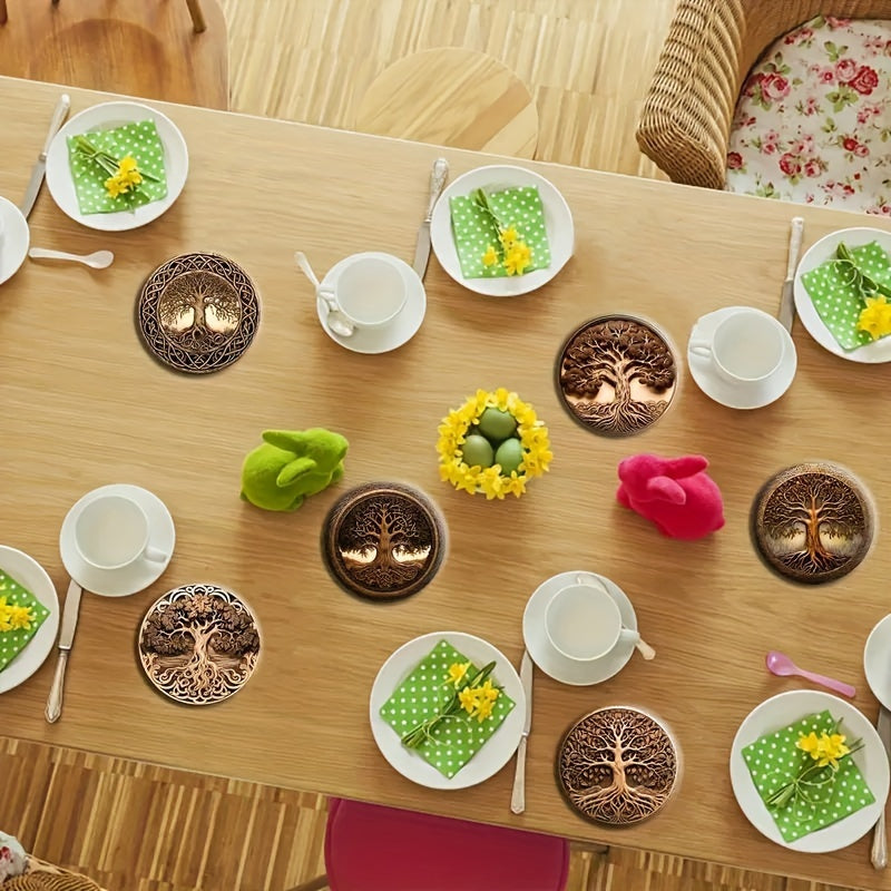 8pcs Wooden Coasters Tree of Life Artistic Design for Drinks Coffee Tea Home Restaurant