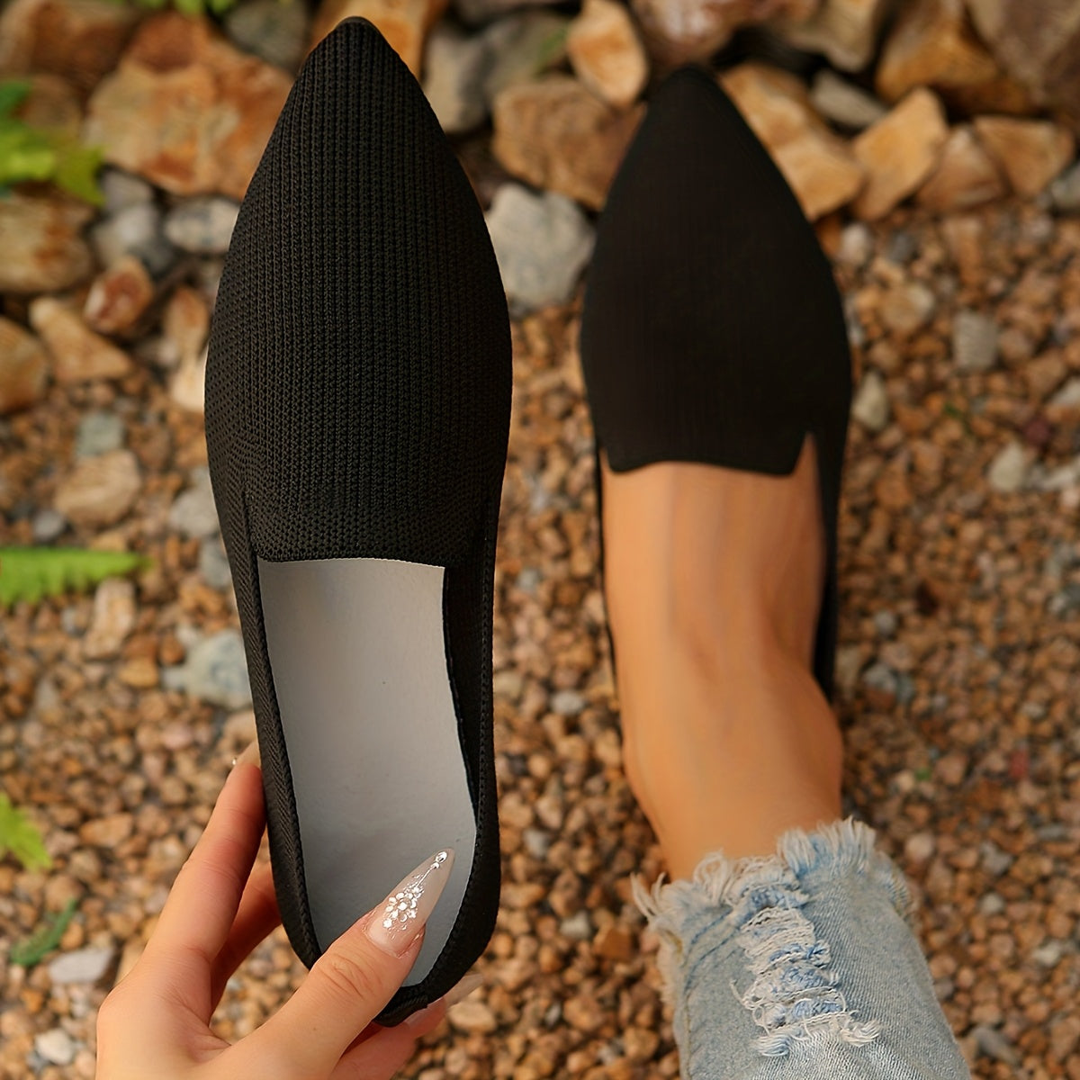 Women's Breathable Knit Ballet Flats Lightweight Casual Shoes Black