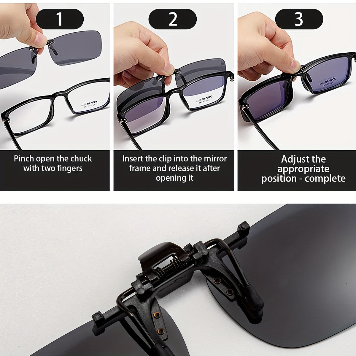 Tashqarida lager qilish va sayohat uchun 3 ta yengil toʻrtburchakli polarizatsiyali klip-on quyosh koʻzoynaklari