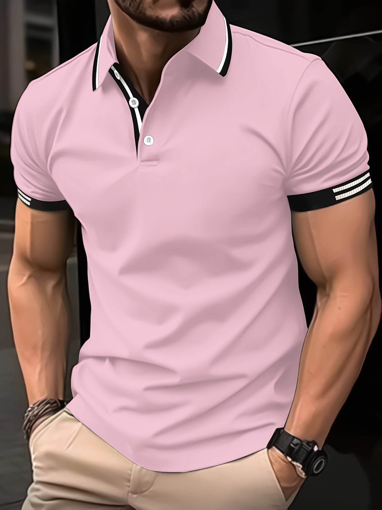Men's Striped Polo Shirt Breathable Casual Short Sleeve Polyester