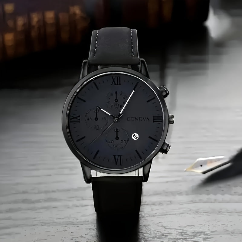 Men's Quartz Watch with Date Function Circular Dial Synthetic Leather Band Roman Numerals