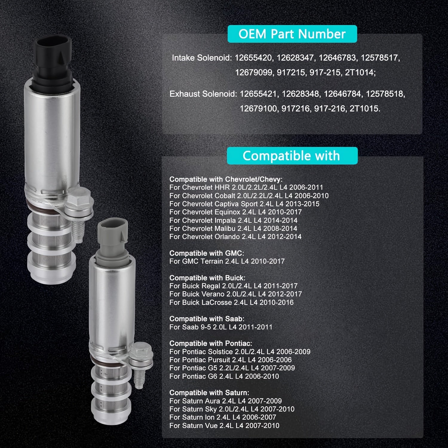 2.0L, 2.2L, 2.4L uchun intak va chiqish kamshaft pozitsiyasi aktuator solenoid to'plami