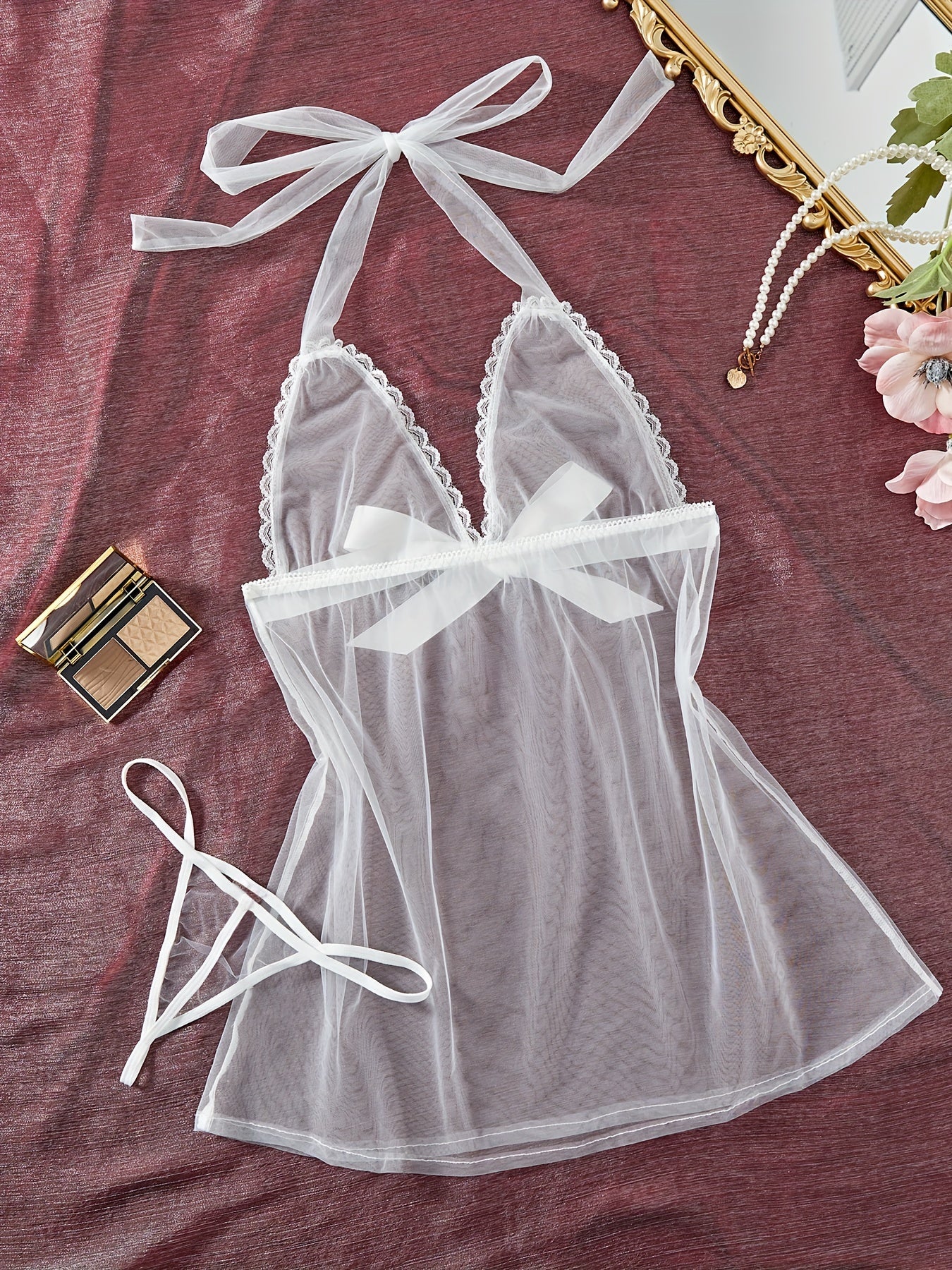 Women's Lingerie Set Mesh Halter Neck Dress with Thong