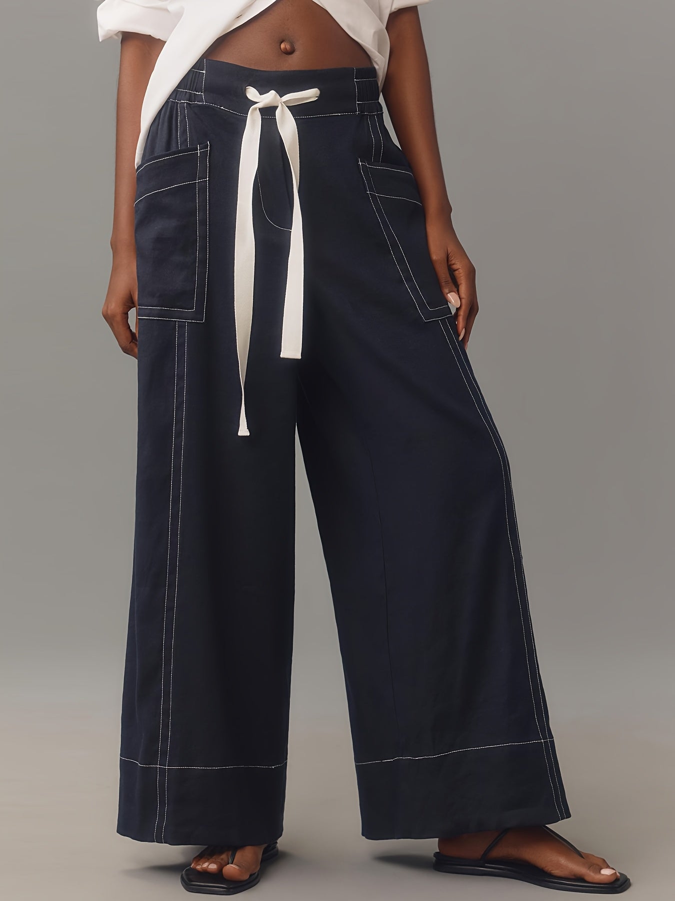 Women Plus Size Wide Leg Pants with Drawstring Elastic Waist Beige