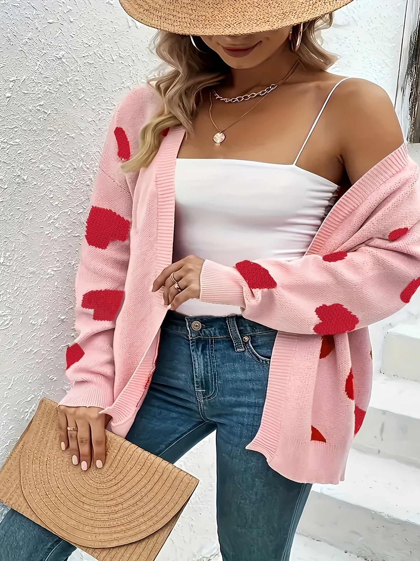 Plus Size Women's Pink Heart Pattern Cardigan Long Sleeve Open Front Sweater