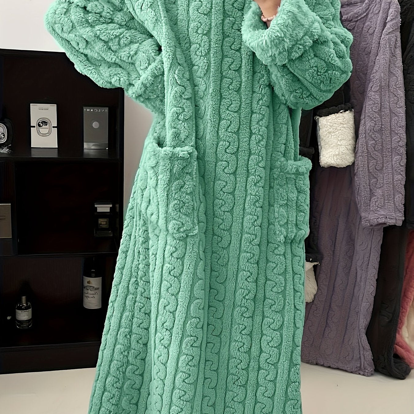 Women's Fleece-Lined Jacquard Winter Robe Long Sleeve Color-Block Loungewear