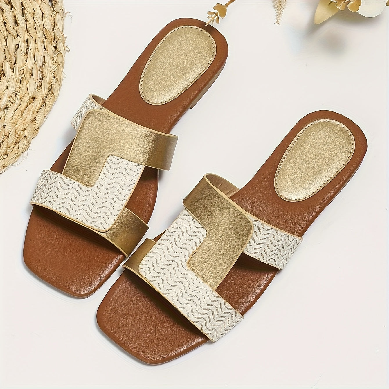 Women's Square-Toe Slide Sandals Two-Tone Gold and White Casual Summer