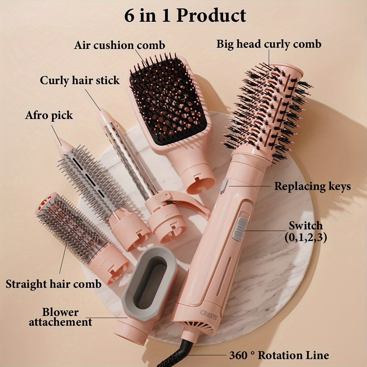 6-in-1 Soch styling to'plami 1200W issiq shamol cho'tkasi tekis temir burilish tayoqchasi tekislashtiruvchi Evropa rozetkasi