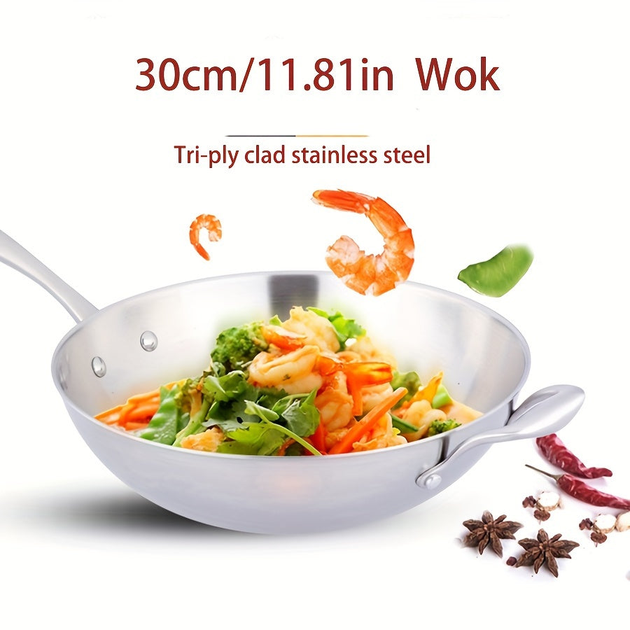 30cm Stainless Steel Tri-Ply Wok with Lid for Gas and Induction Cooking