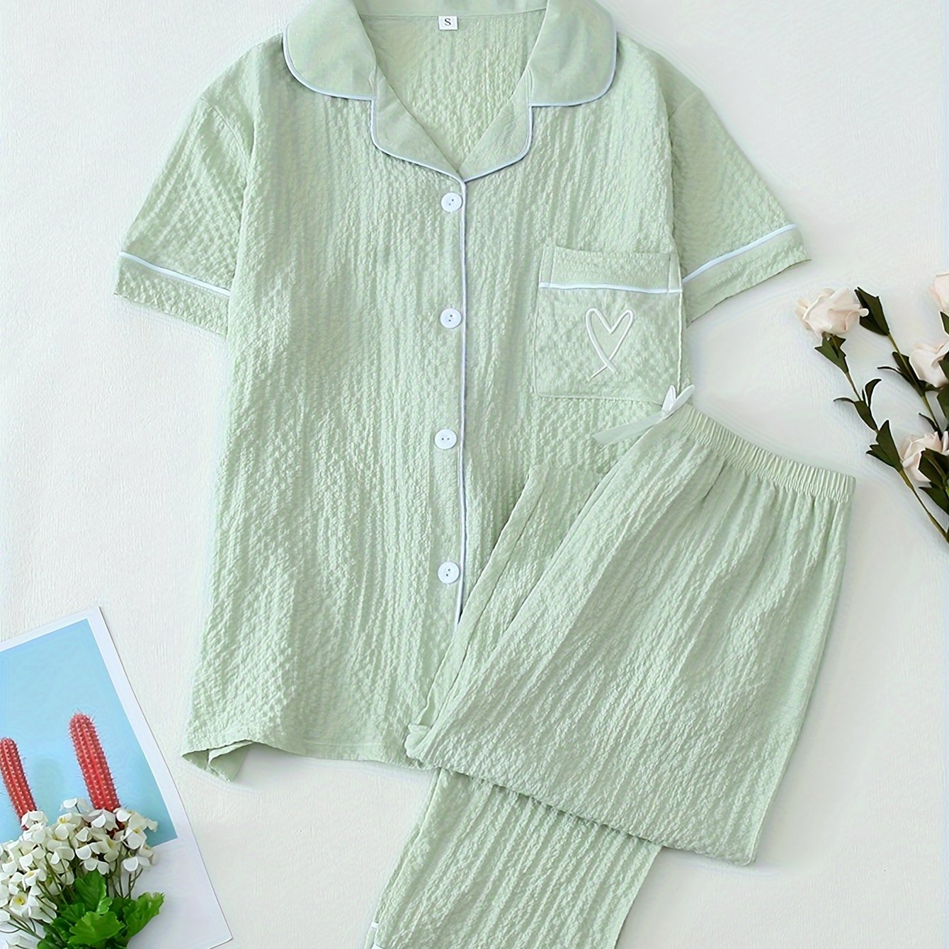 Women's Heart Embroidery Casual Pajama Set Short Sleeve Top and Long Pants