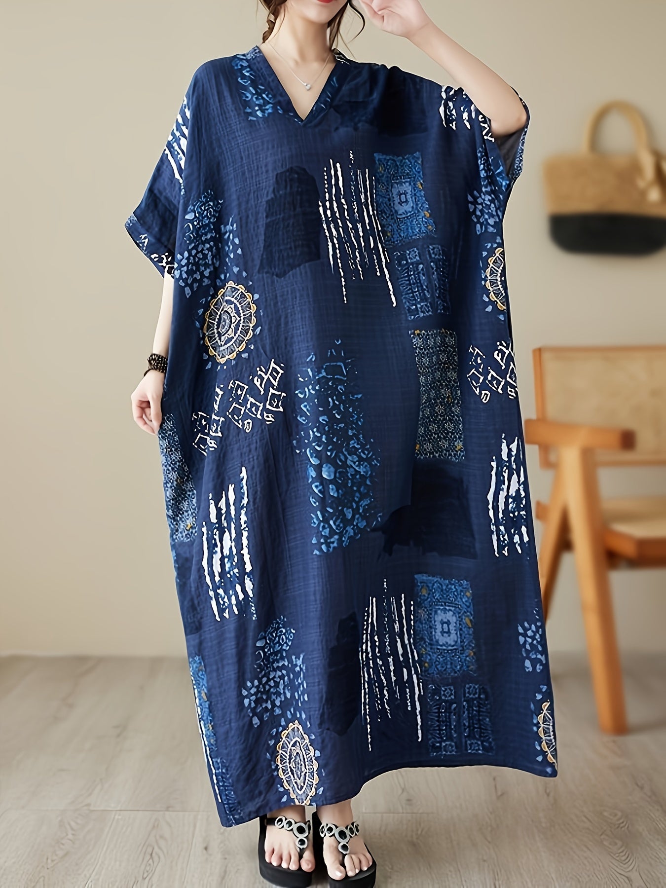 Plus Size V-Neck Kaftan Dress Short Sleeve Casual All-Season Woven Gown