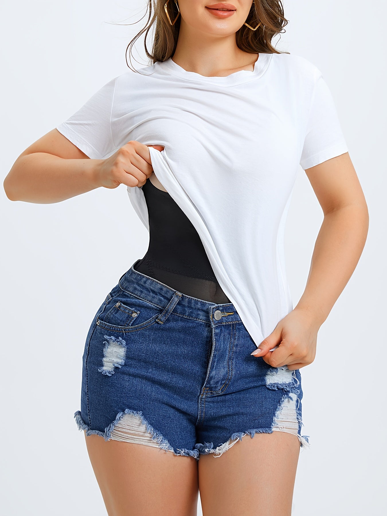 Qorin nazorati va butni ko'tarish bilan kontrast to'rali shakllantiruvchi bodysuit, ayollar uchun ochiq ko'krakli tana shakllantiruvchi.