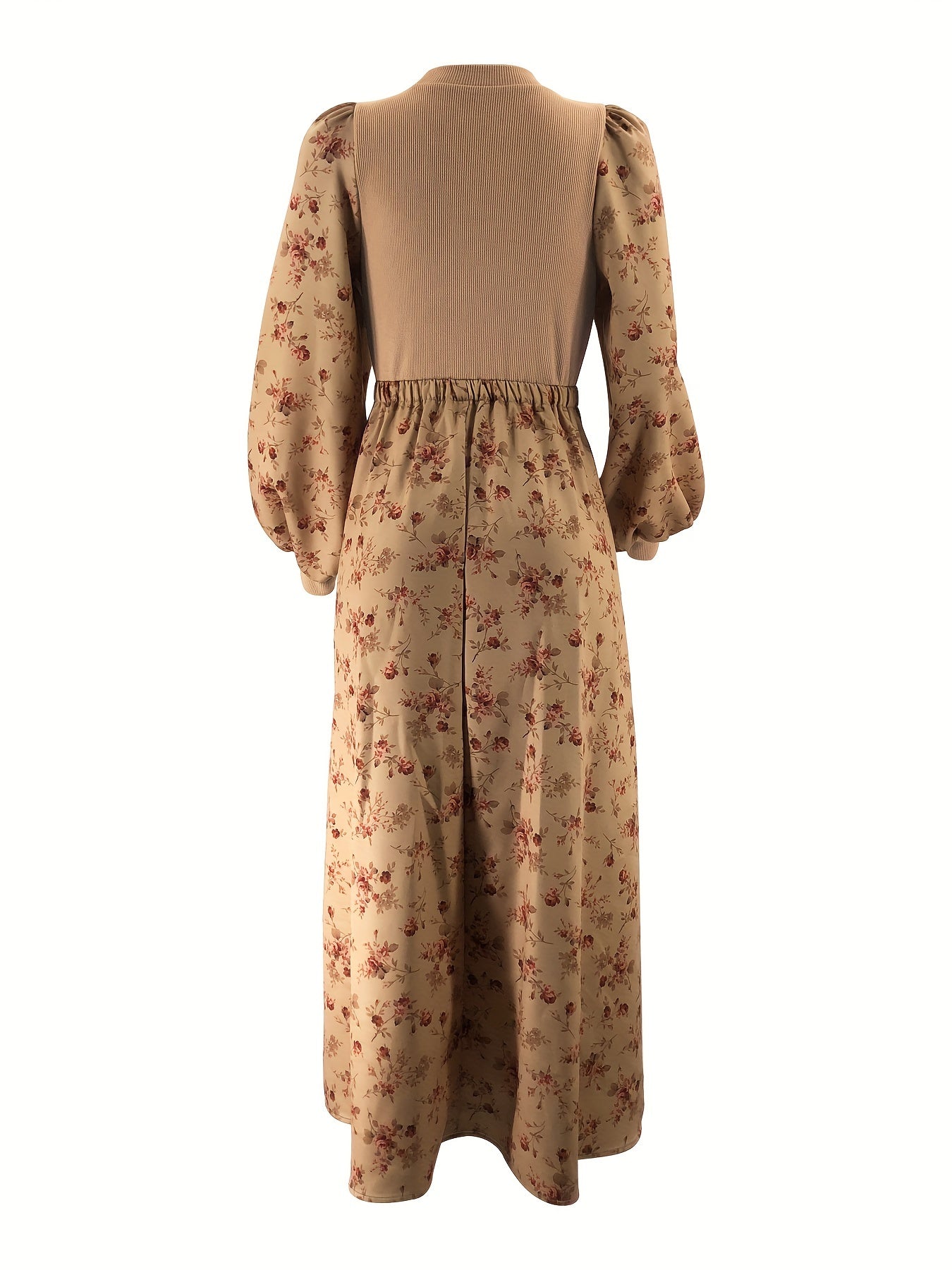 Floral Print Crew Neck Kaftan Dress with Long Sleeves and Maxi Length