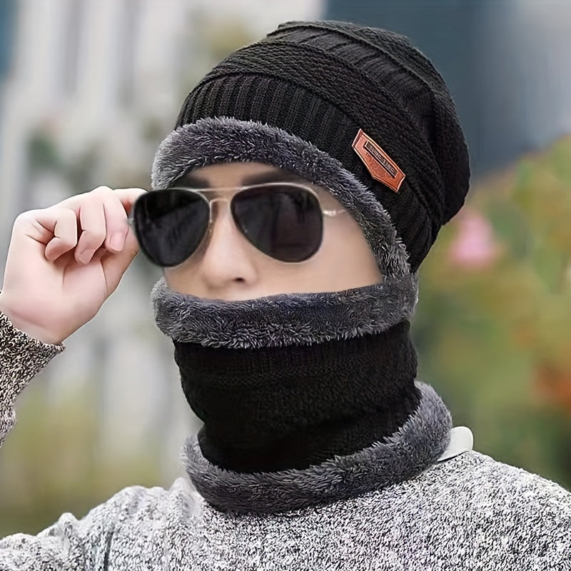 Men's Winter Outdoor Plaid Knitted Pullover Hat with Plush Thickened Scarf