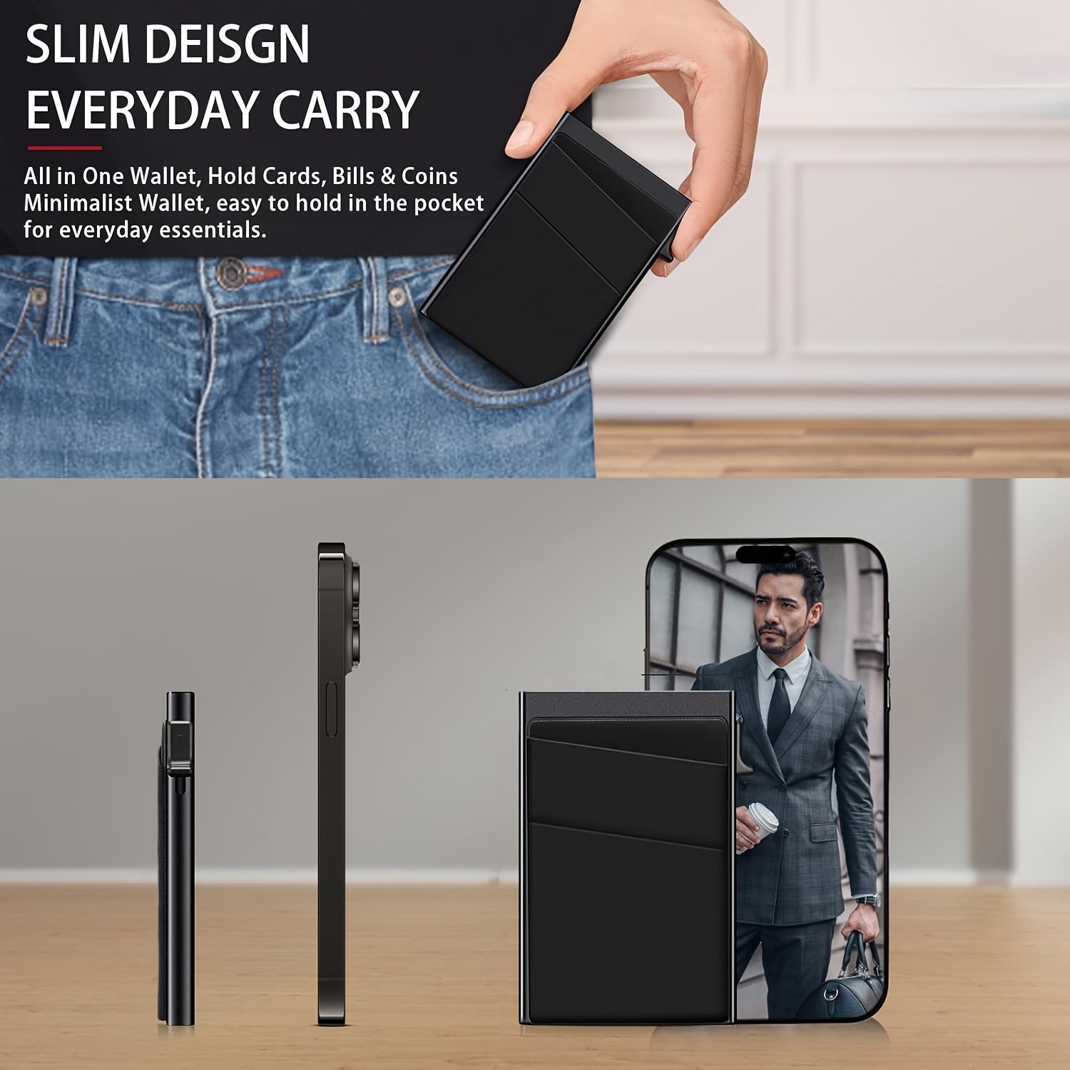 Men's Black Aluminum RFID Wallet with Dual Layer Back and Card Holder