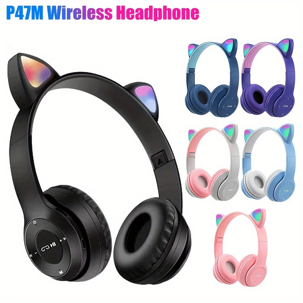 Wireless Cat Ear Headphones with LED Lights Stereo Wireless Headset for Phones and Tablets