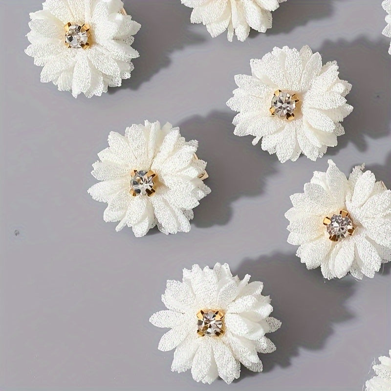 Set of 10 Chinese-Style Fabric Flower Hair Clips with Rhinestone Centers for Women