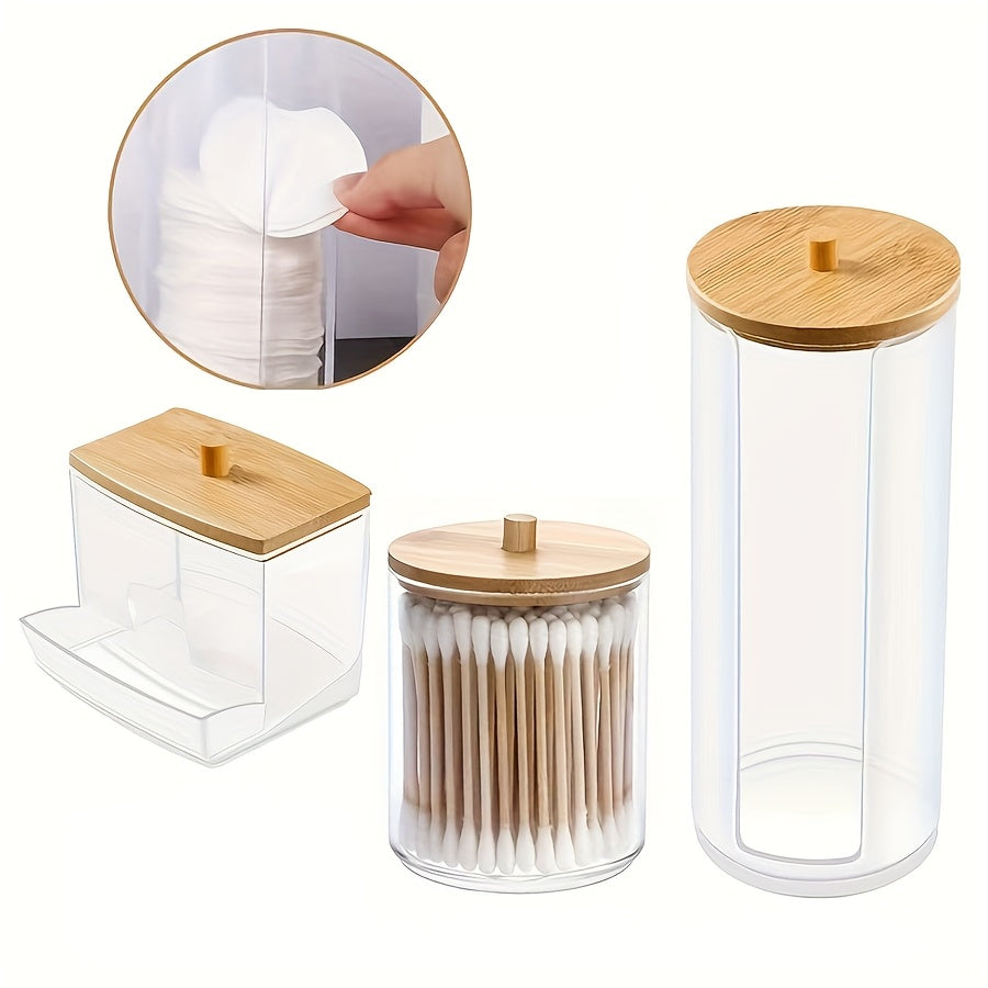 Transparent Storage Jars with Bamboo Lids and Wooden Dispenser for Bathroom and Home Office Organization