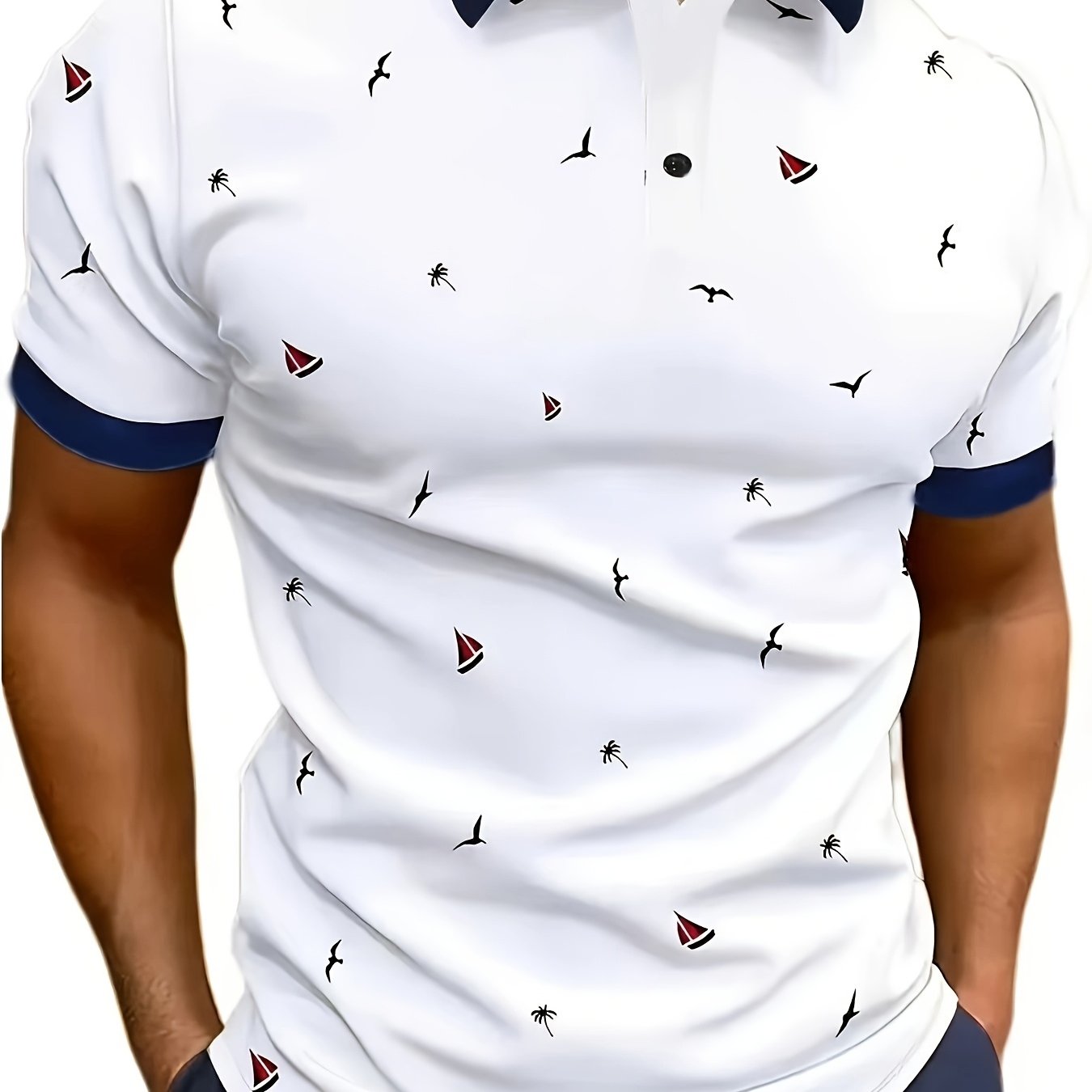 Men's Digital Print Golf Polo Shirt with Lapel Collar Stretch Knit Fabric Summer Regular Fit