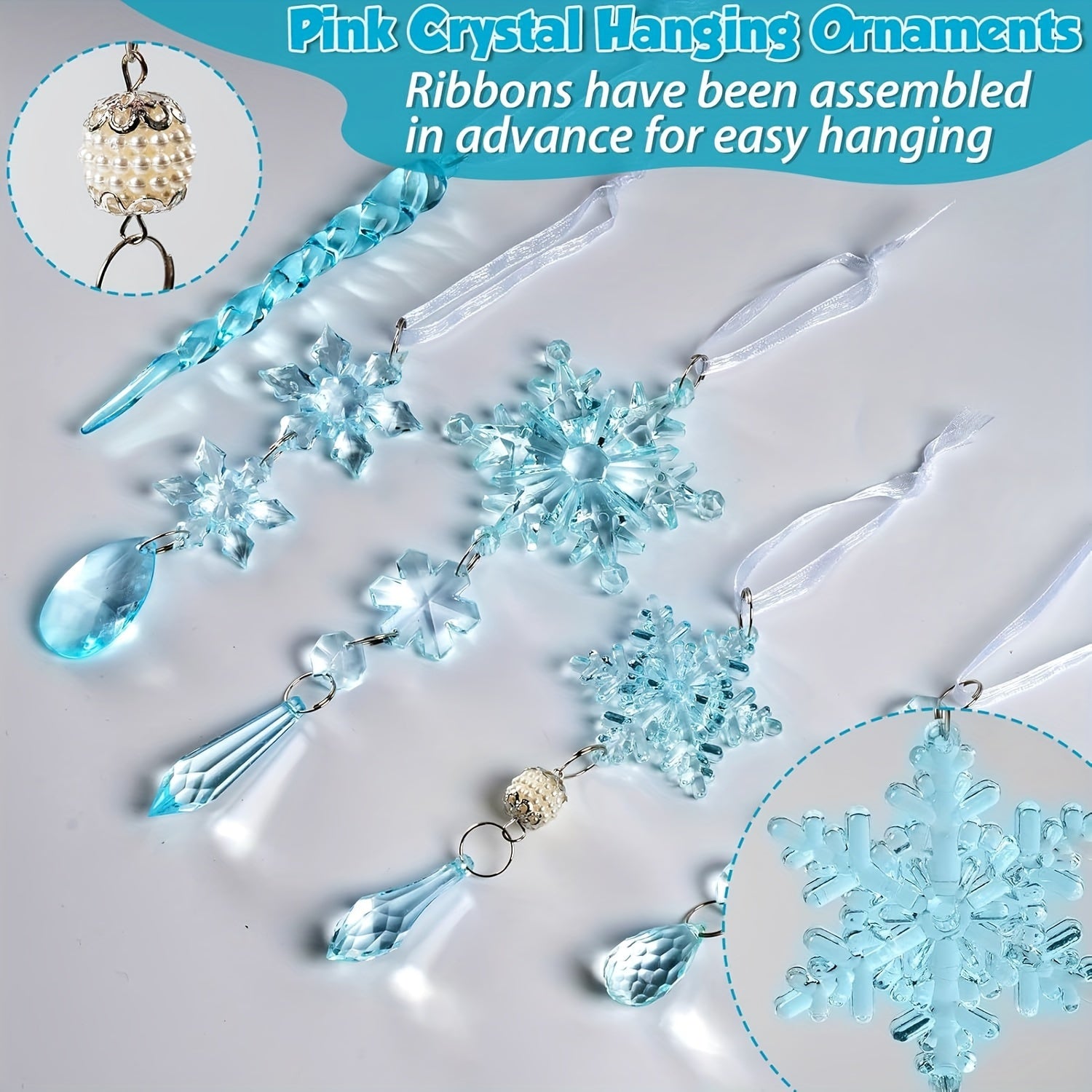 18 Light Blue Christmas Decorations with Acrylic Snowflakes Icicles and Crystal Pendants for Holiday Tree Ornaments