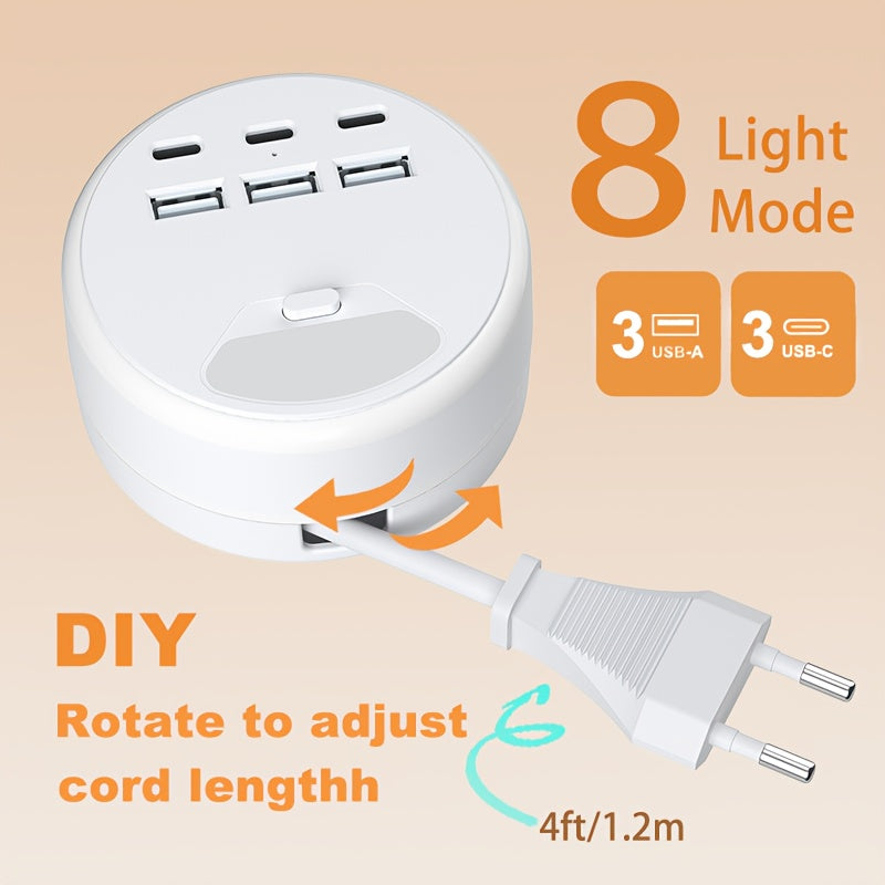 Multifunctional Power Strip with 6 USB Ports 8 Night Light Modes 1.2m Extension Cable