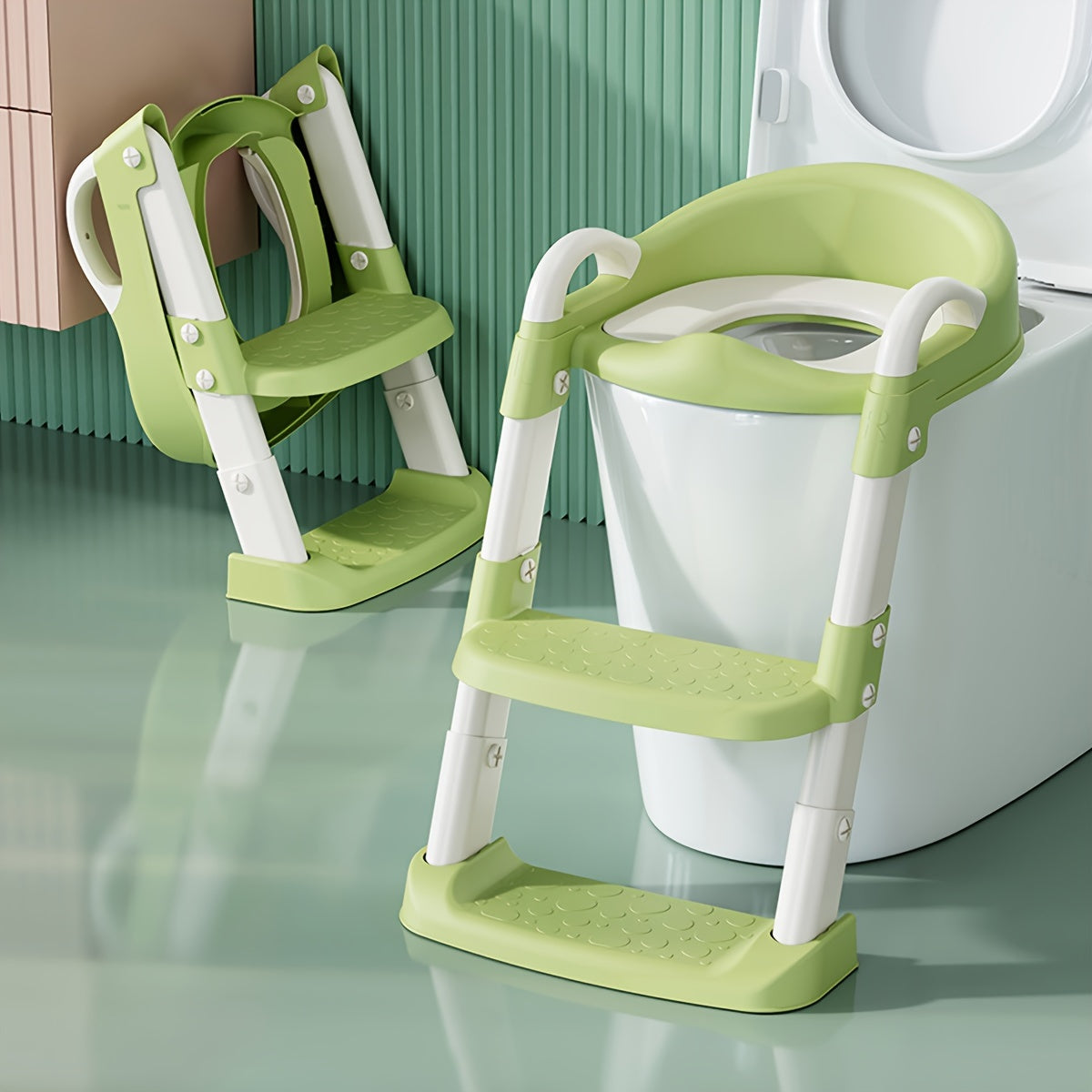 Kids Adjustable Height Step Stool with Safety Handles and Foldable Plastic Chair