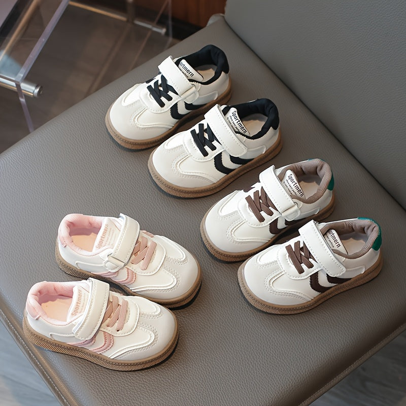 Kids Breathable Sneakers with Hook-and-Loop Closure, Soft Beige and White Soles for Casual Outdoor Wear
