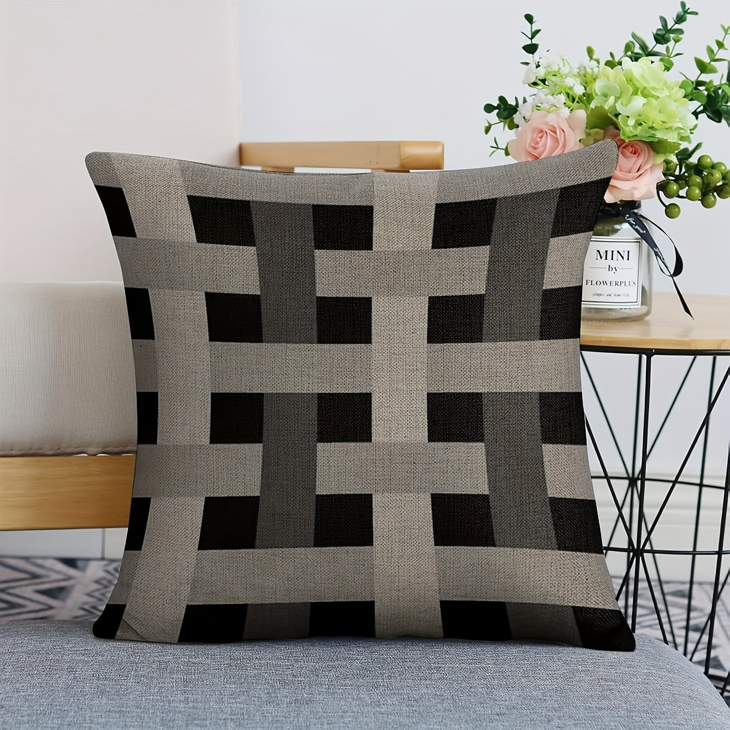 Black and Grey Linen Decorative Pillowcase with Zip Closure for Sofa and Bed