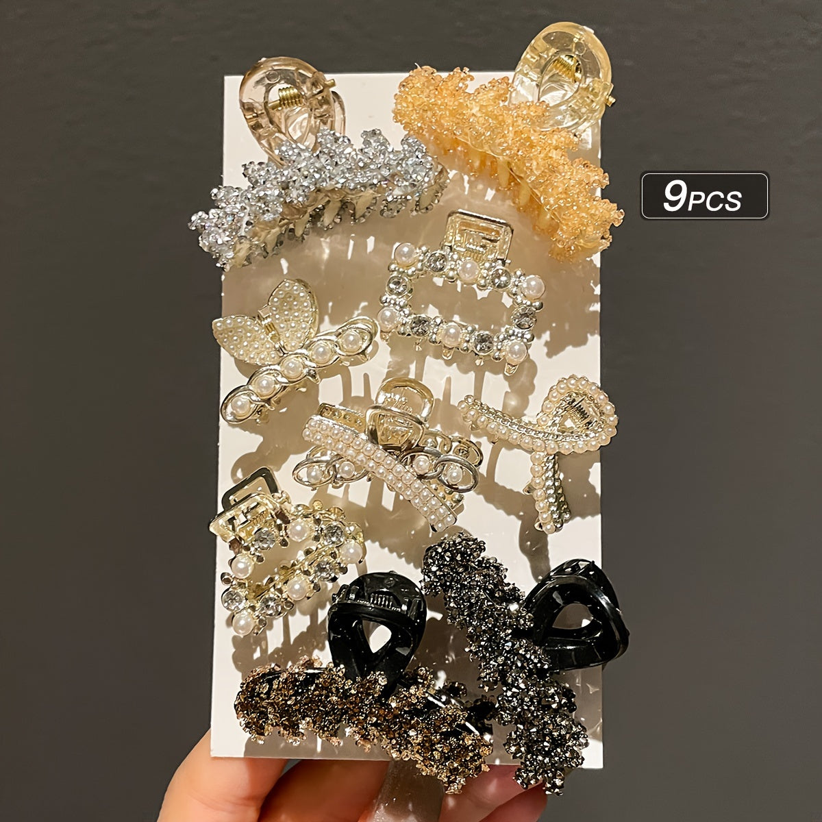 9pcs Women's Elegant Solid Color Alloy Hair Clips Small Rhinestone Accessories